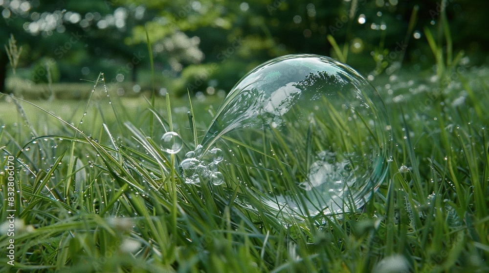 Poster a lush green grass field with a puddle and a dense forest in the background