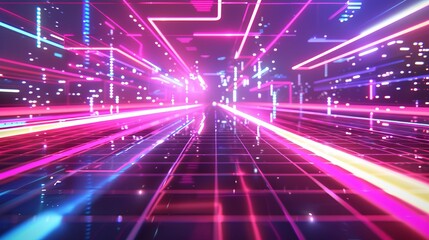 Retro 80s Abstract Background with Neon Colors and Futuristic Cityscape