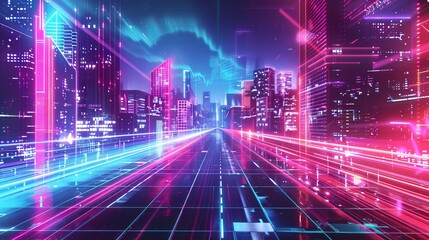 Retro 80s Abstract Background with Neon Colors and Futuristic Cityscape
