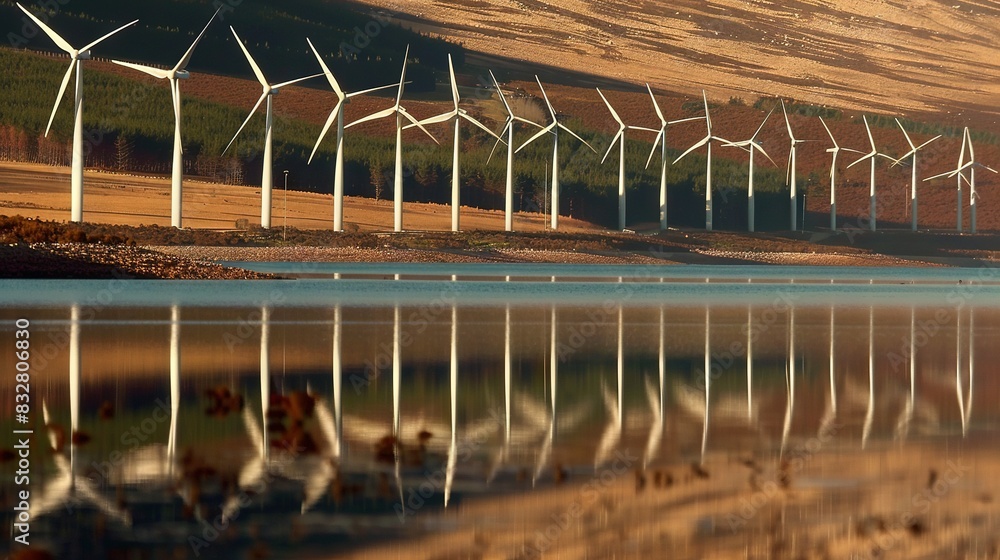 Poster a field with multiple windmills surrounded by a body of water and a hill in the background