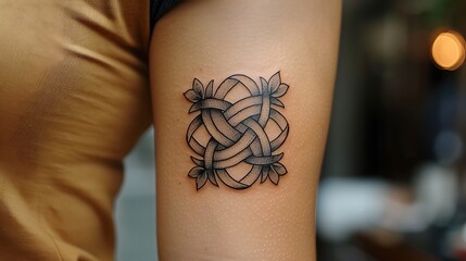 Tattoo of Celtic knot on a bicep with interwoven lines