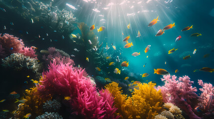 Fototapeta premium A colorful coral reef with many fish swimming around it