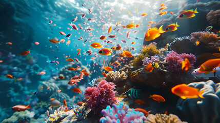 A colorful coral reef with many fish swimming around