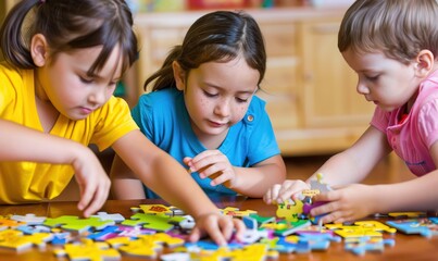 Fototapeta premium Close up photo of a group of kids playing with puzzles. AI