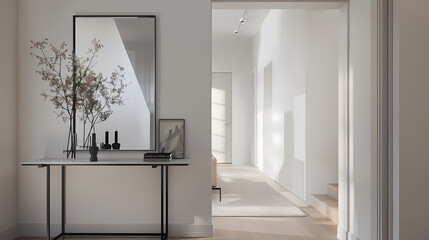 A white hallway with a black mirror and a vase of flowers on a table