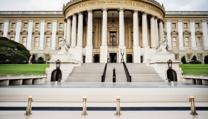 Fototapeta premium An elegant and majestic view of a large government building with grand stairs and statues, under a clear sky.. AI Generation