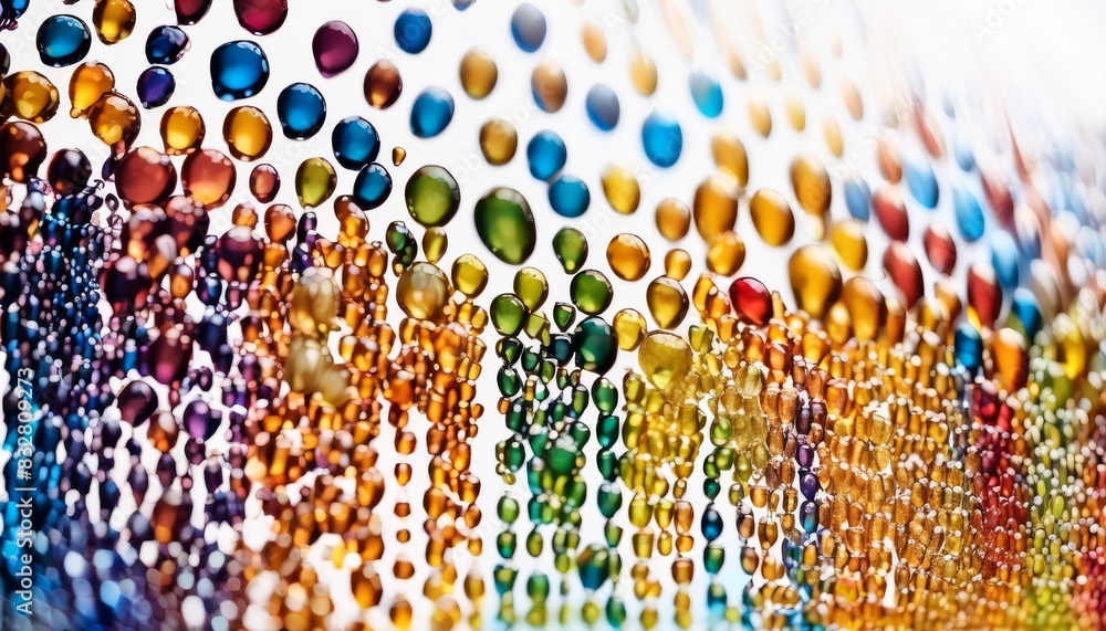 Poster vibrant close-up of multicolored water droplets on a glass surface, showcasing a spectrum of light a