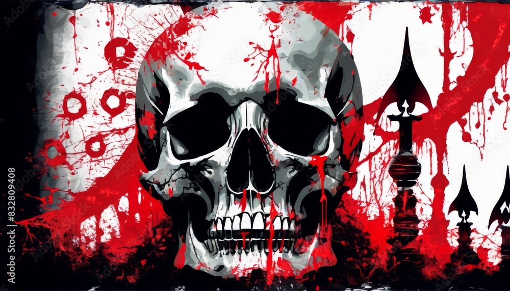 Poster an artistic rendering of a skull with abstract red and black splatters on a white background, evokin