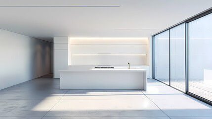 A large, open kitchen with a white counter and white cabinets