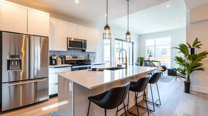 Fototapeta premium A kitchen with a white island and a potted plant on the counter
