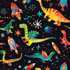 Vibrant Cosmic Dinosaurs and Rockets Pattern