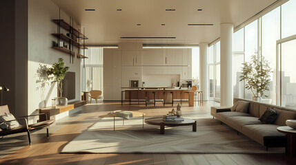 Naklejka premium A large, open living room with a kitchen and a dining area