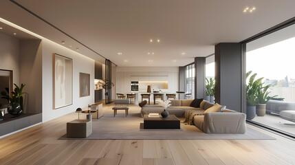 A large open living room with a wooden floor and a kitchen with a stove and oven