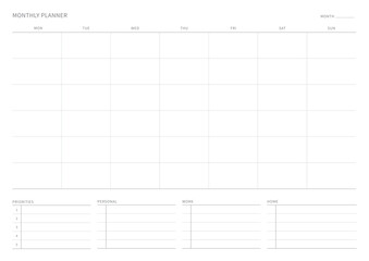 A monthly plan template with a simple and minimal style. Note, scheduler, diary, calendar planner document template illustration.