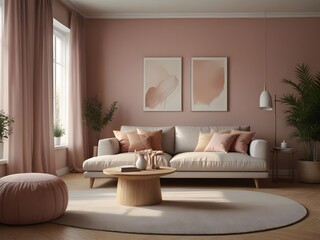 Cozy light home interior mockup in pastel colors, beautiful decorated, 3d render, DIN A Mockup, Wallpaper