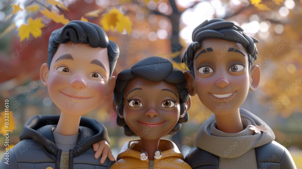 Aufkleber three 3d individuals standing next to each other in a group, showing unity and togetherness