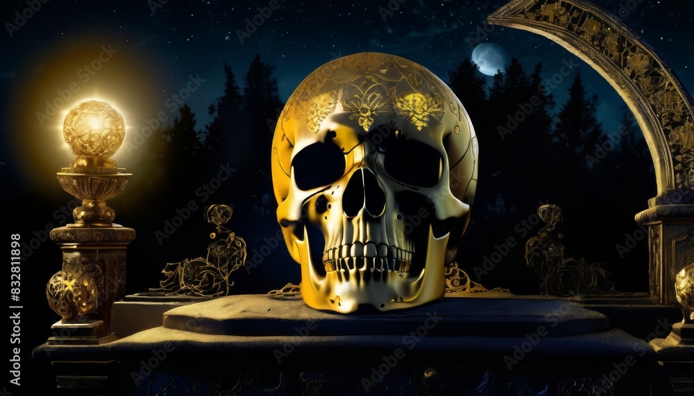Poster a golden skull rests on a mystical altar under moonlight, surrounded by intricate globes and archway