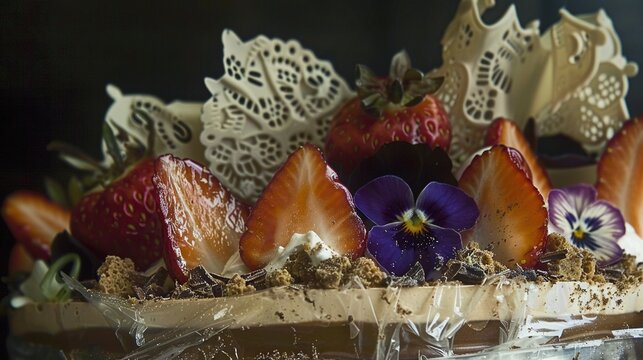  A close-up image of a cake, adorned with strawberries and pansies on top, and another pansey in the center