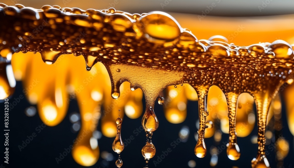 Poster detailed view of golden honey droplets dripping from a surface, capturing the translucent and reflec
