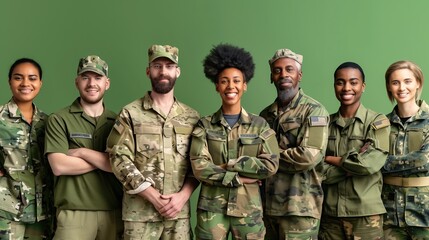 A group of diverse veterans in military attire, proudly standing against a solid green background