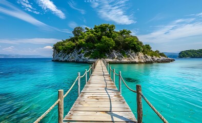 Fototapeta premium Beautiful wooden bridge to a small island in the transparent turquoise sea water 