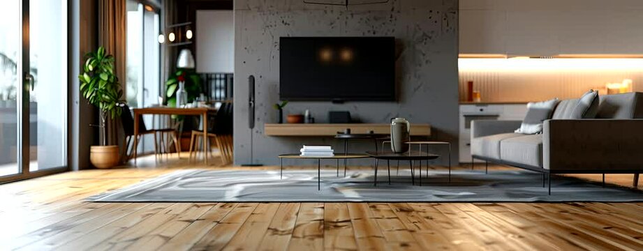 Modern Living Room And Dining Room With Television Set And Parquet Floor. seamless looping time-lapse virtual 4k video animation background