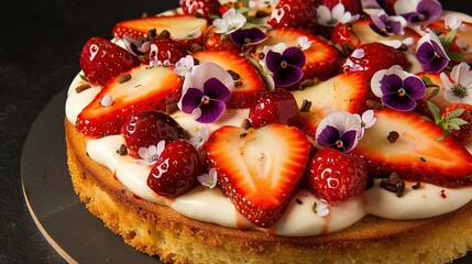   A close-up photo of a cake topped with strawberries and pansies, featuring flowers adorning the base