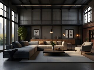 Luxury Living room interior in loft, industrial style, decorated, cozy room, city lifestyle, 3d render