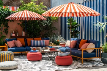 Outdoor patio with vibrant circus tent-striped umbrellas and colorful seating