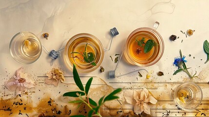  Table with tea and vase of flowers adjacent to dirty wall