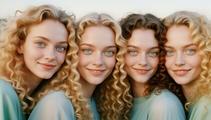 portrait of happy and attractive women with blonde curly hair and light blue eyes,  isolated white background
