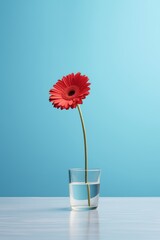 Vivid red gerbera daisy with a long stem presented in a simple glass of water against a blue background.