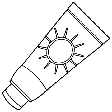 recommend clip art: Black and white outline of a sunscreen tube featuring a sun symbol, ideal for summer and skincare themes.