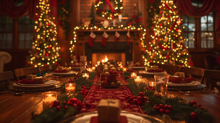 Fototapeta premium Cozy Christmas Dinner with Festive Decorations and Fireplace - Generative AI