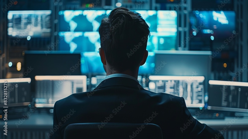 Poster professional office specialist working on desktop computer in modern technological monitoring contro