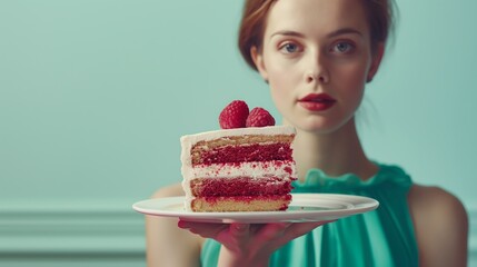 A young woman with tied-up hair in a green dress holds a slice of cake with raspberries on a plate, with a focused expression.