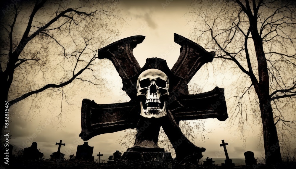 Poster an ominous emblem featuring a large skull and crossed swords set against a gloomy cemetery backgroun