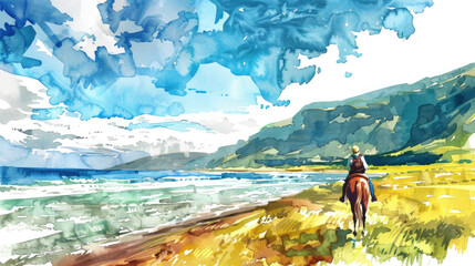 A painting depicting a person riding a horse along the sandy shore of a beach