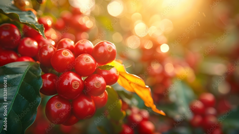 Wall mural ripe coffee cherries on tree branches, close-up of plantation in harvest season, showcasing farming 