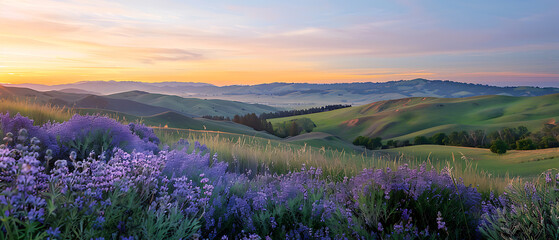 Obraz premium a serene landscape during either sunrise or sunset. The vibrant colors in the sky create a captivating scene. In the foreground, there are purple wildflowers and lush greenery