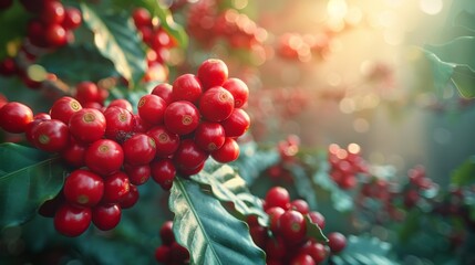 close-up view of ripe red coffee cherries on tree branches in a coffee plantation during harvest season, illustrating farming concepts