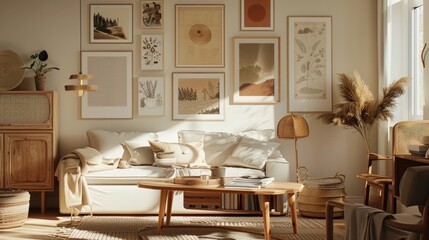 A Scandinavian-style living room with light-colored walls, multiple framed pictures of various sizes hanging on the wall, wooden furniture, and cozy textiles