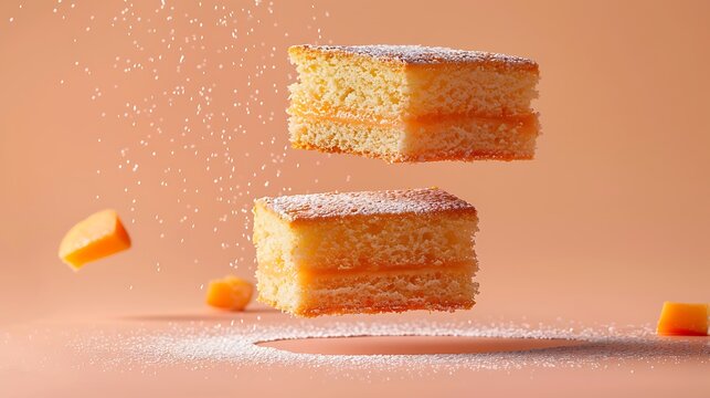 Levitating cake cutted pieces separated against peach background in professional studio photography with hyperrealism minimalism and high detailed