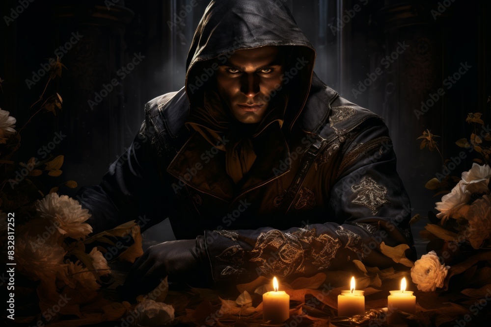 Wall mural a brooding and mysterious assassin, lurking in the shadows and eliminating targets with lethal preci