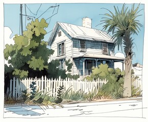 Watercolor Illustration of a White House with a Palm Tree and White Picket Fence