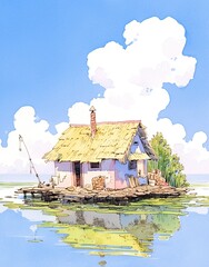 Watercolor Illustration of a Thatched Roof Cottage on a Lake