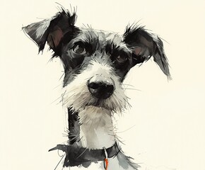 Watercolor Illustration of a Black and White Dog with Big Ears