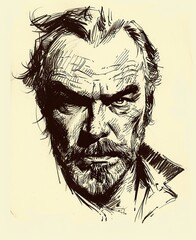 Ink Illustration of a Man with a Beard and Serious Expression