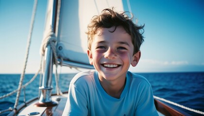 Fototapeta premium Smiling boy on the deck of a sailing yacht in the sea, blurry background