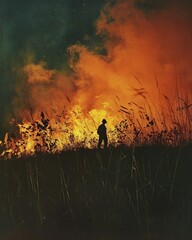 Silhouette of Man Walking Through Field Fire